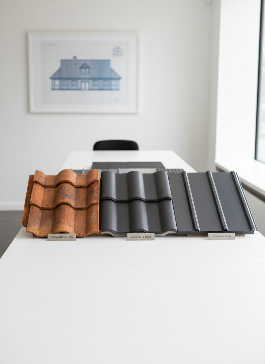 A close-up, panoramic view of three different roofing materials displayed on a long, spotless showroom table: textured terracotta tiles with warm earthy tones, smooth anthracite concrete tiles with a satin finish, and metallic standing seam panels in a sleek charcoal gray. Each sample section is neatly labeled with small, unobtrusive metallic tags. The table sits in a bright, minimalist office space with white walls and a subtle blueprint of a building’s roofline framed in the background. Diffused daylight from an unseen window creates soft reflections on the surfaces and gentle, organized shadows. Shot from a slightly elevated angle with sharp focus across the entire image, conveying choice, expertise, and technical precision in a clean, corporate photographic style.