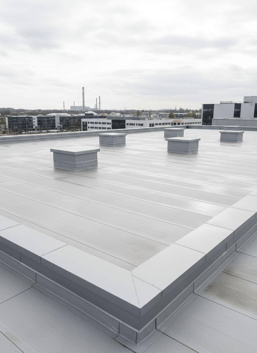 An immaculate flat commercial roof in light gray waterproof membrane, its surface smooth and precisely seamed, stretching toward the horizon of a modern industrial district. Several square ventilation units and low parapet walls in matching neutral tones are arranged with strict symmetry, demonstrating meticulous planning. A subtle reflection of the cloudy sky is visible on slightly damp sections of membrane, adding texture. The scene is photographed from a raised corner vantage point, using a wide-angle lens that preserves straight architectural lines. Overcast daylight produces an even, controlled illumination with minimal shadow, underlining the clean lines and corporate character. The atmosphere is efficient and reliable, with a structured, architectural photographic style supporting a professional roofing services brand.