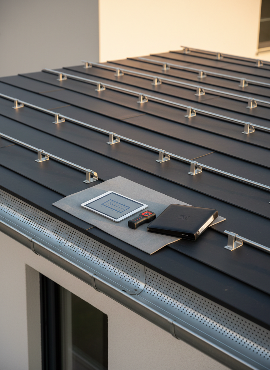 A minimalist, professional inspection scene featuring a pristine dark graphite roof surface with evenly spaced metallic snow guards and gutter protection systems, all perfectly aligned along the eaves. On the roof’s edge, a sleek, stainless-steel gutter and downpipe system gleams subtly in soft afternoon light. Next to it, on the roof surface, a neatly arranged set of inspection tools and documents is displayed: a digital tablet showing a simple roof plan, a laser distance measurer, and a closed black binder, all positioned on a protective mat. The background shows a blurred neutral-toned façade. Captured from an overhead three-quarter angle with controlled depth of field, the mood is methodical and reassuring, in a clean, photographic corporate style suited to a high-end roofing company.